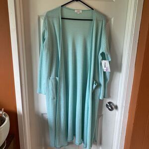 Lularoe Duster Cardigan Open Long Sleeve Sarah Blue Striped Pockets NWT Medium
